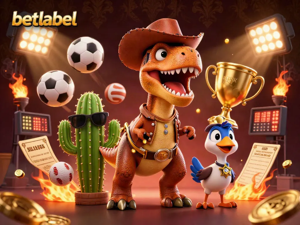 Experience the thrill of betting with betlabel in this vibrant 3D casino scene featuring a dinosaur and sports elements.