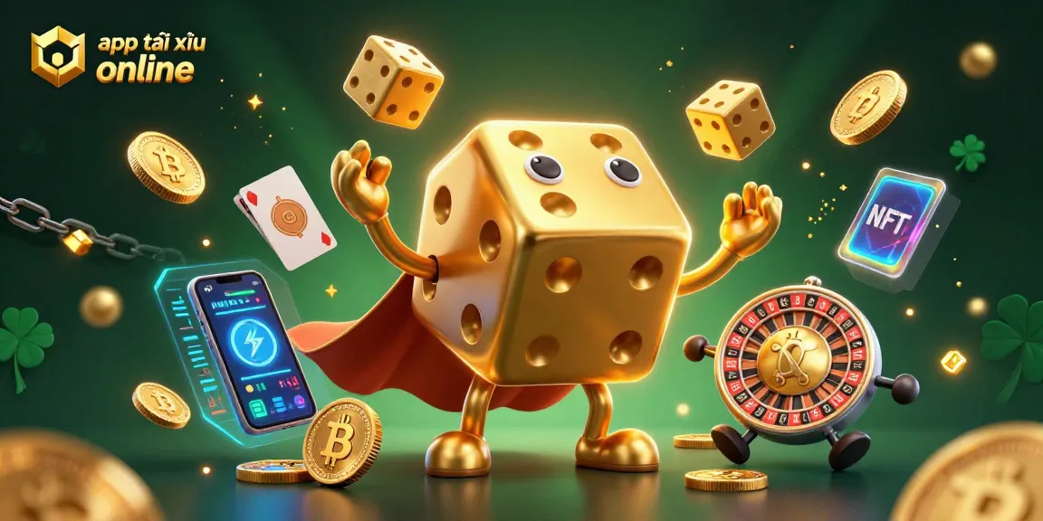 Play with the app tài xỉu online featuring a golden dice golem and blockchain coins in an engaging casino scene.