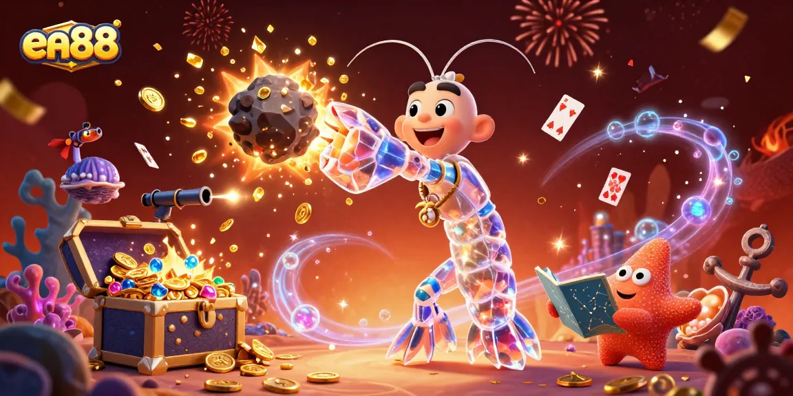 ea88's galactic mantis shrimp battles asteroids, winning gold coins and gems in this vibrant casino-themed illustration.