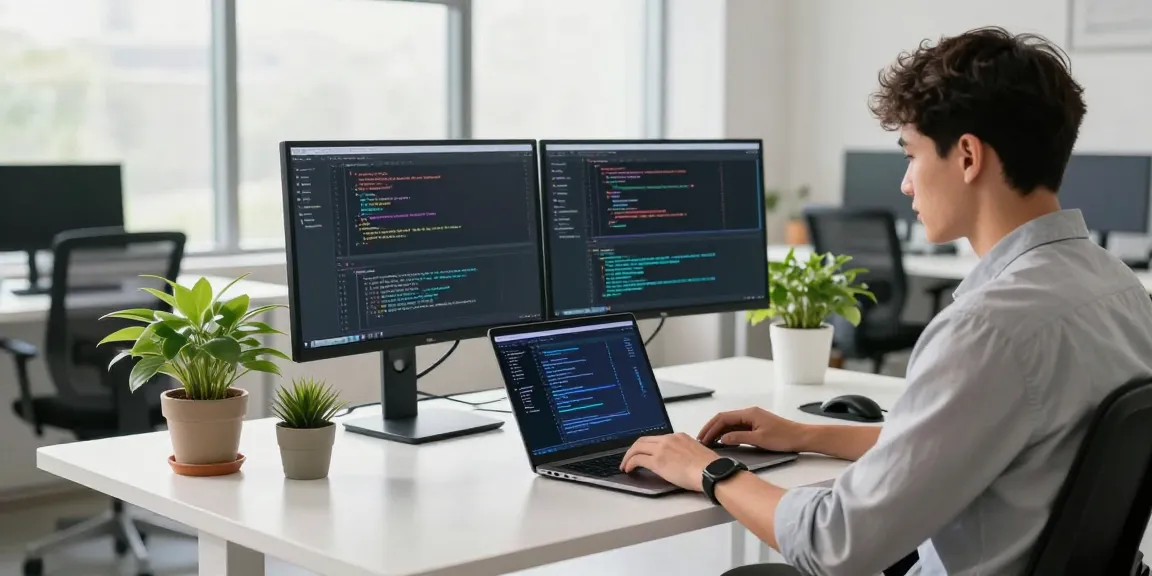 Young professional using an AI laptop in a modern tech workspace.