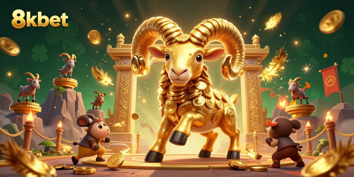 Engage with 8kbet through a dynamic casino scene featuring a golden ram championing games of chance.