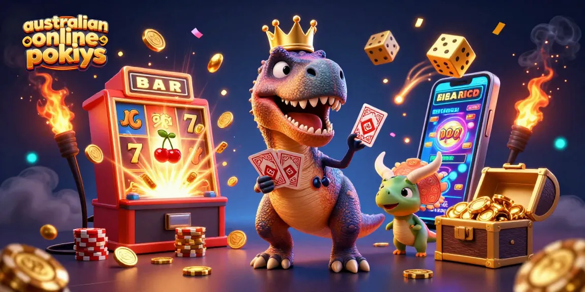 Engage with australian online pokies as T-Rex shuffles cards, surrounded by vibrant casino elements.