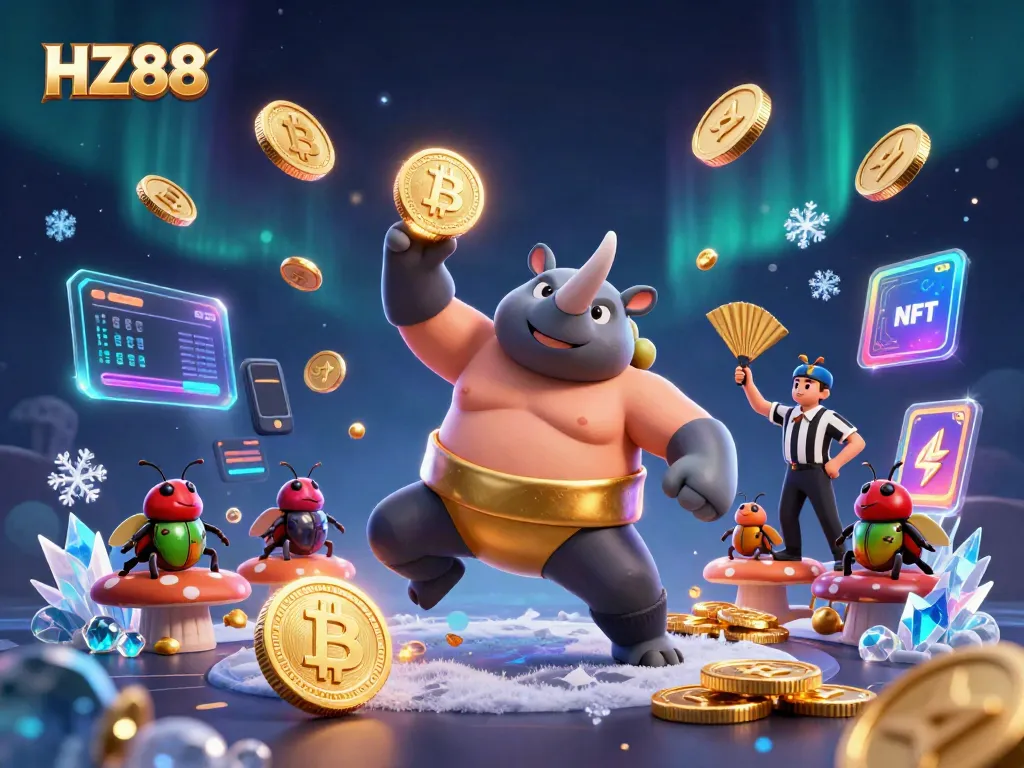 Witness the thrilling gameplay at HZ88, showcasing a vibrant 3D sumo beetle champion amidst flying coins and crypto elements.