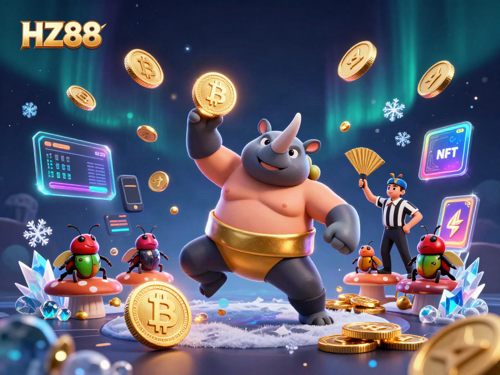 Witness the thrilling gameplay at HZ88, showcasing a vibrant 3D sumo beetle champion amidst flying coins and crypto elements.