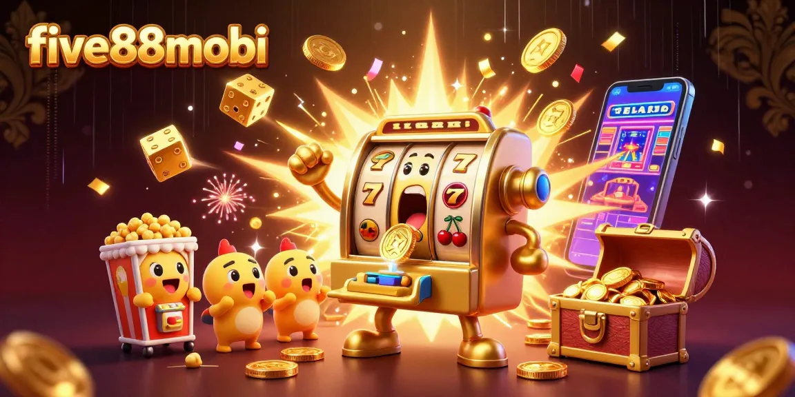 Experience winning with five88mobi's spectacular jackpot scene featuring a golden slot machine and vibrant casino elements.