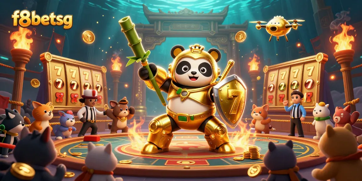 Experience thrilling action at f8betsg with a mech-suit golden panda in an exhilarating gambling arena.
