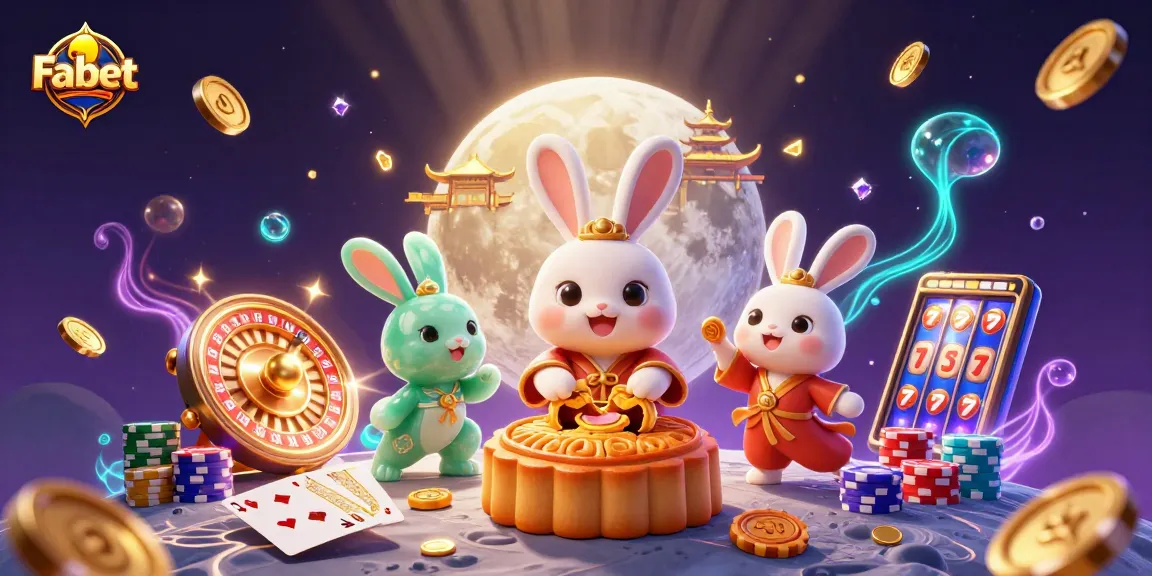 Fabet showcases a vibrant lunar casino scene with a moon rabbit and treasures.