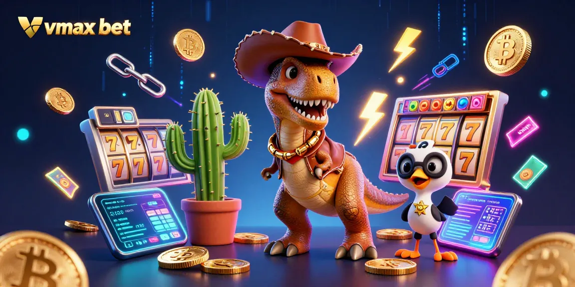 Engage with vmax bet in a lively casino scene featuring cartoon T-Rex, cactus, and roadrunner alongside vibrant gambling elements.