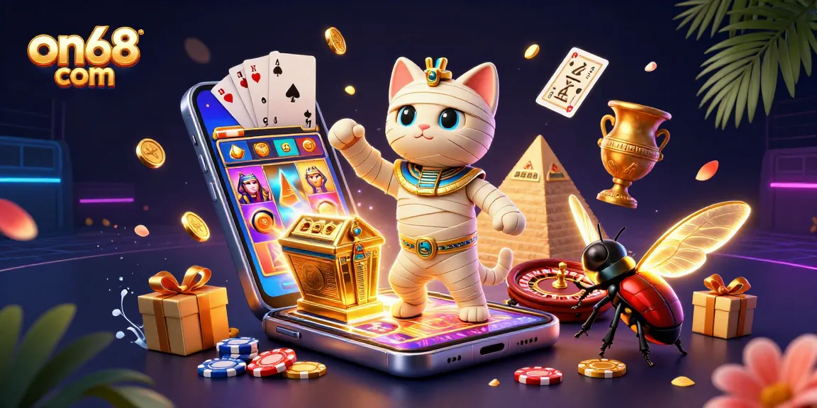 Join the fun at on68 com, featuring a vibrant 3D casino scene with interactive games and golden treasures.