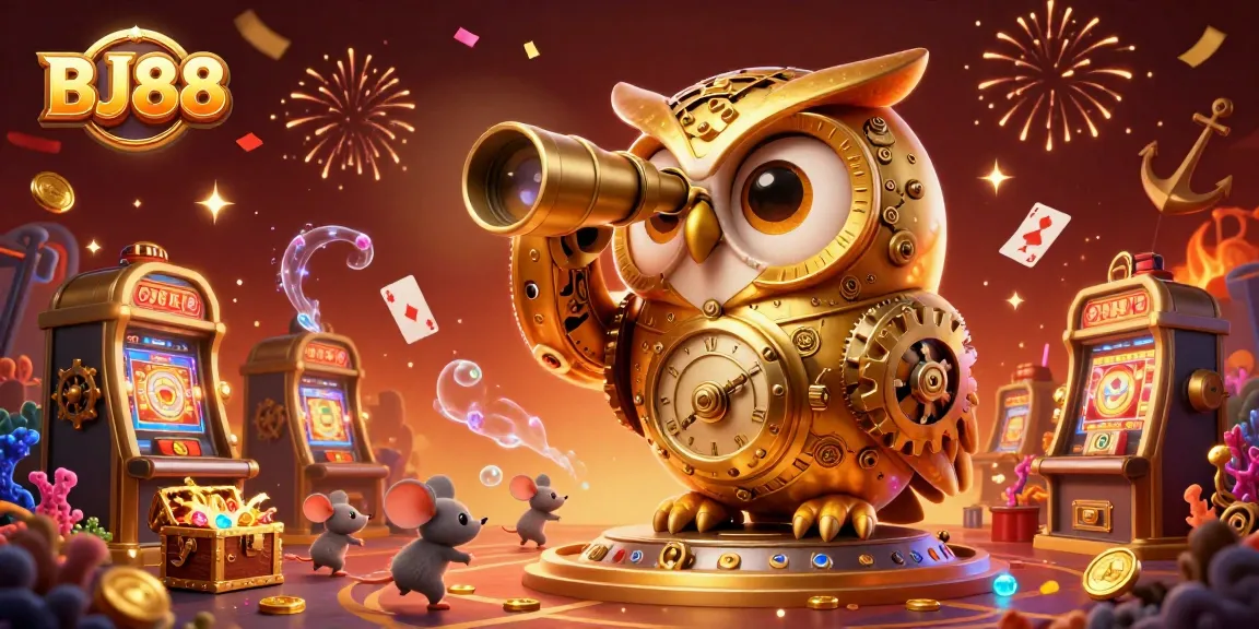 Bettors enjoy the BJ88 casino experience, where a massive golden owl oversees a vibrant game-filled landscape.