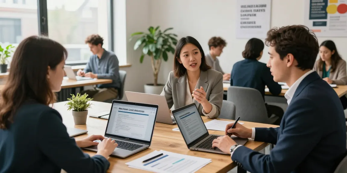 Business professionals discussing merchant cash advance London in a modern co-working space.