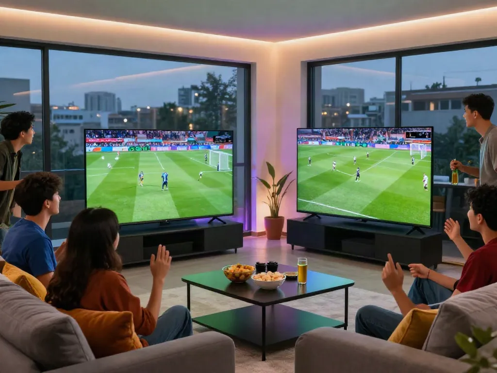 Friends enjoying a live football match on gavangtv.life in a modern living room.