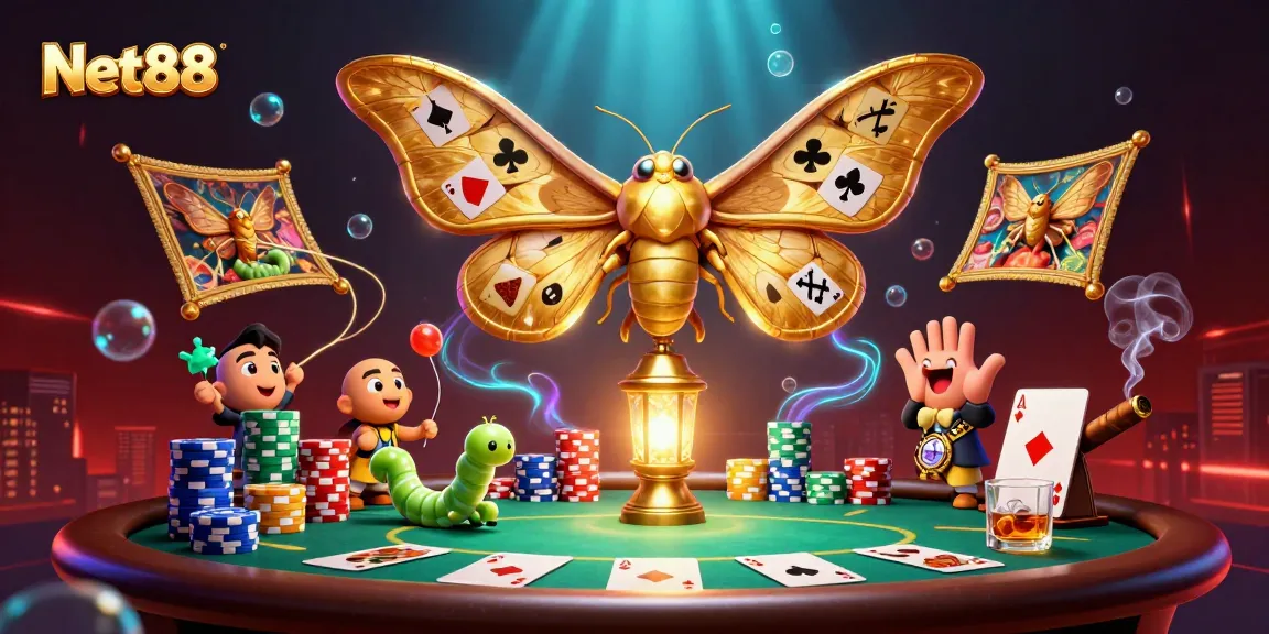 Experience thrilling gaming with Net88 featuring a majestic moth and vibrant casino elements.
