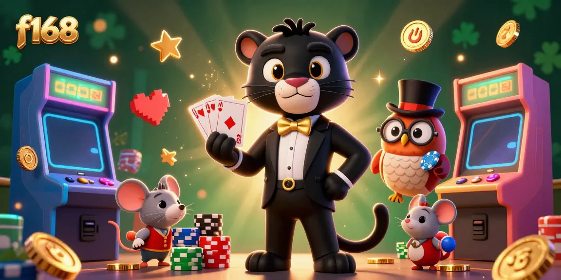 Experience thrilling gameplay with f168 featuring a stylish black panther dealing cards, surrounded by glowing game elements.