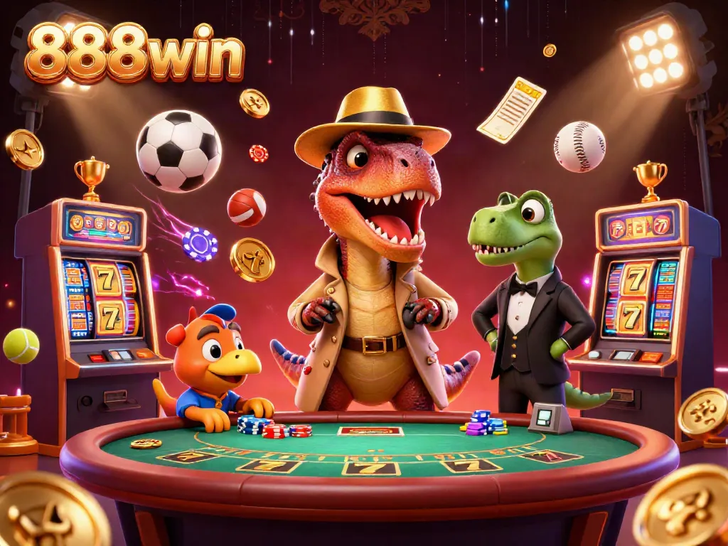 Play thrilling casino games at 888win with a cartoon velociraptor and dinosaur characters in action.