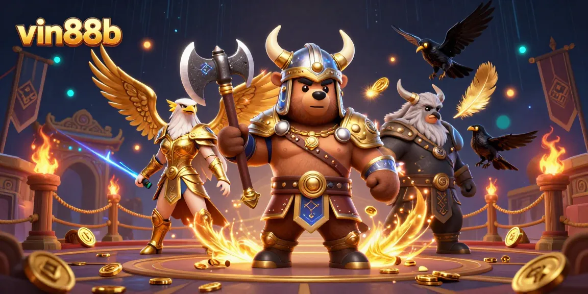 Experience the thrill of vin88b casino with dynamic Viking and eagle warriors surrounded by vibrant game elements.