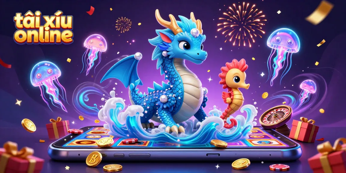 Tài xỉu online illustrates a vibrant 3D scene with a dragon and jellyfish amidst casino games.