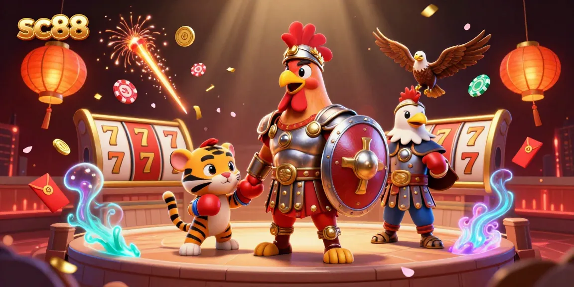 sc88 interactive casino scene featuring a gladiator rooster amidst slot reels and banners