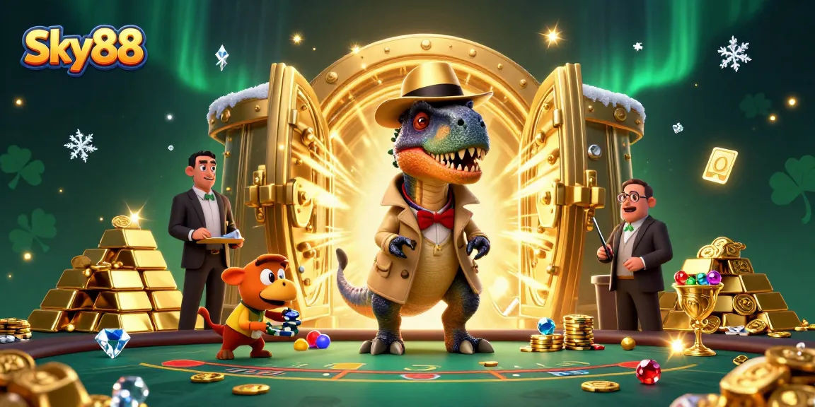Sky88 showcases a lively casino scene with characters engaged in gambling, featuring dynamic elements and rich details.