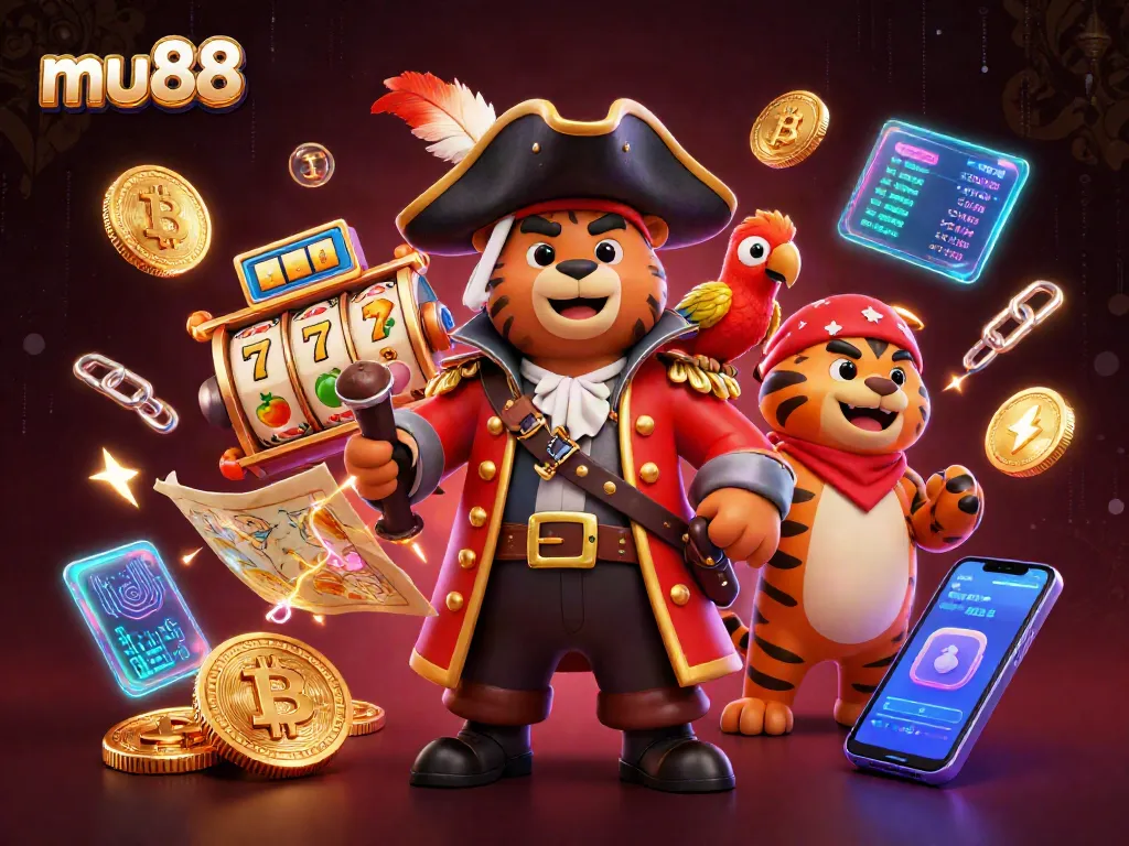 Experience thrilling mu88 gaming action with a pirate captain and tiger amid slot reels and digital coins.