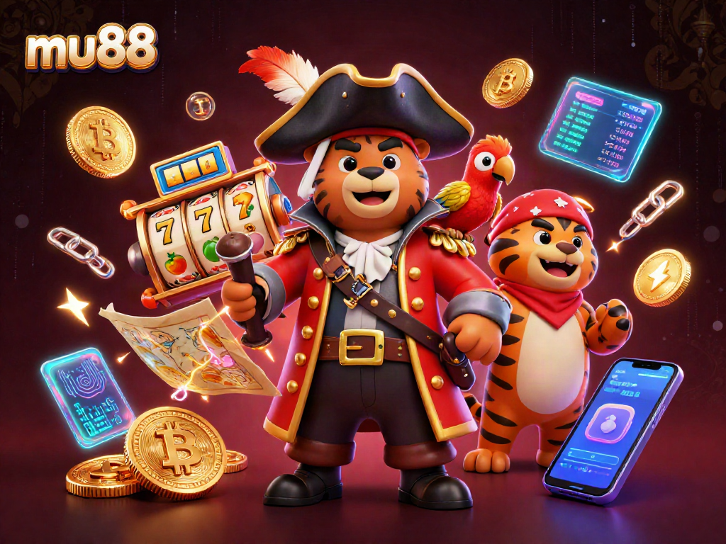 Experience thrilling mu88 gaming action with a pirate captain and tiger amid slot reels and digital coins.