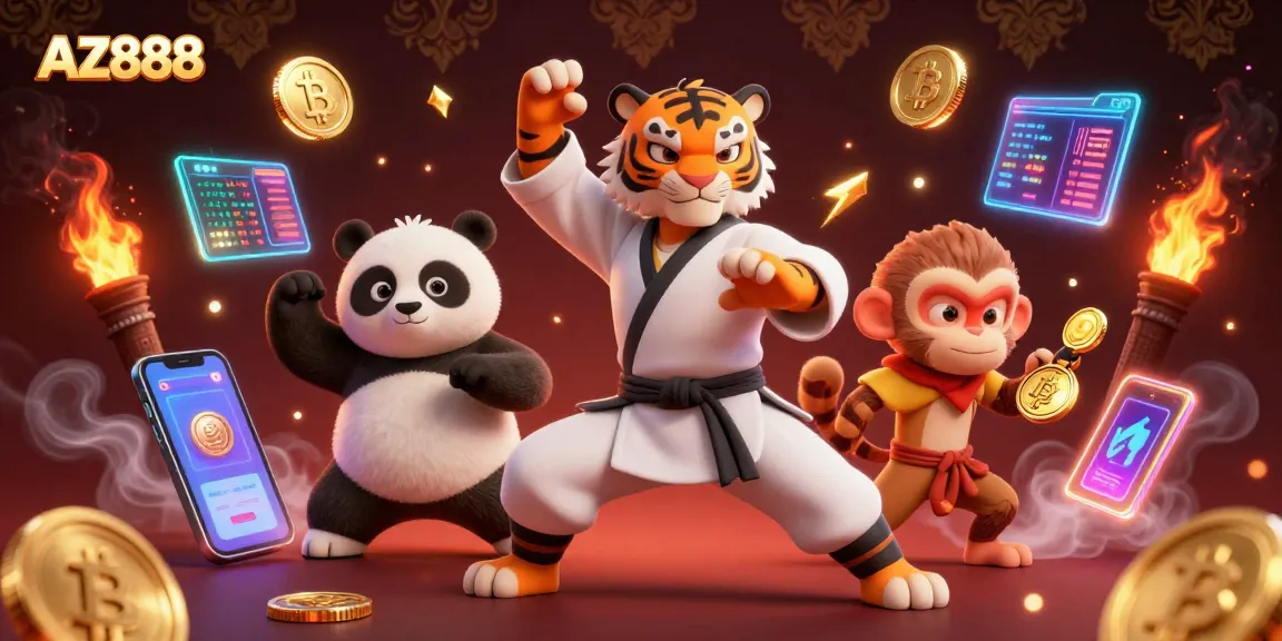 Engage with the exciting world of AZ888 casino as a kung fu tiger, panda disciple, and monkey student celebrate winning strategies through vibrant game elements.