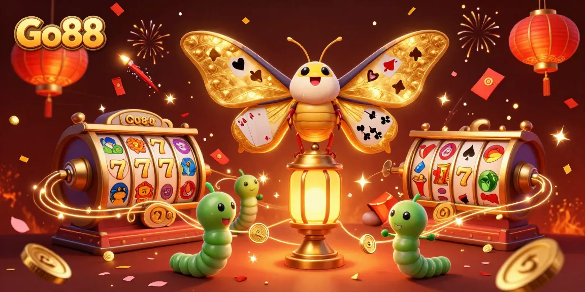 Go88 captivates players with vibrant 3D casino scenes featuring dynamic slot reels and festive symbols.