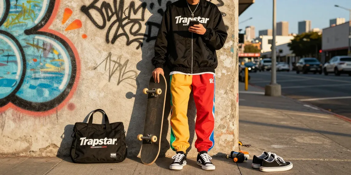 Persona elegante in streetwear di Trapstaritaly.com.co contro un muro di graffiti, che mostra la moda urbana.