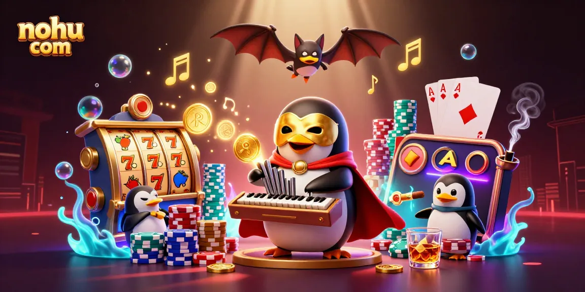 Experience thrilling wins at nohu com with a lively scene of a penguin playing music and golden coins flying