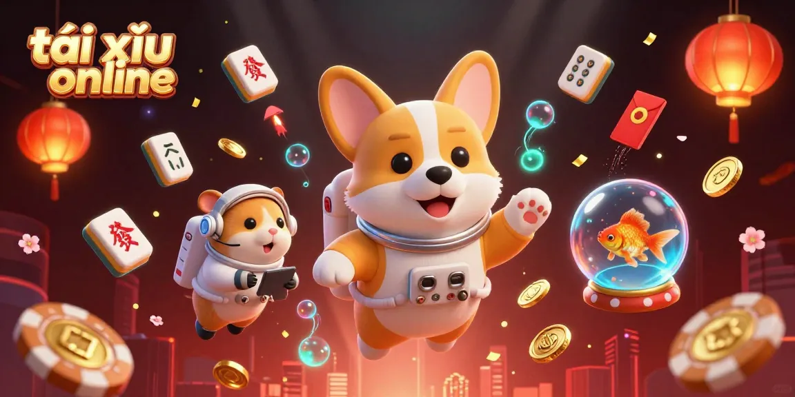 Experience the dynamic excitement of tài xỉu online with a playful astronaut corgi in a space casino surrounded by drifting chips and coins.