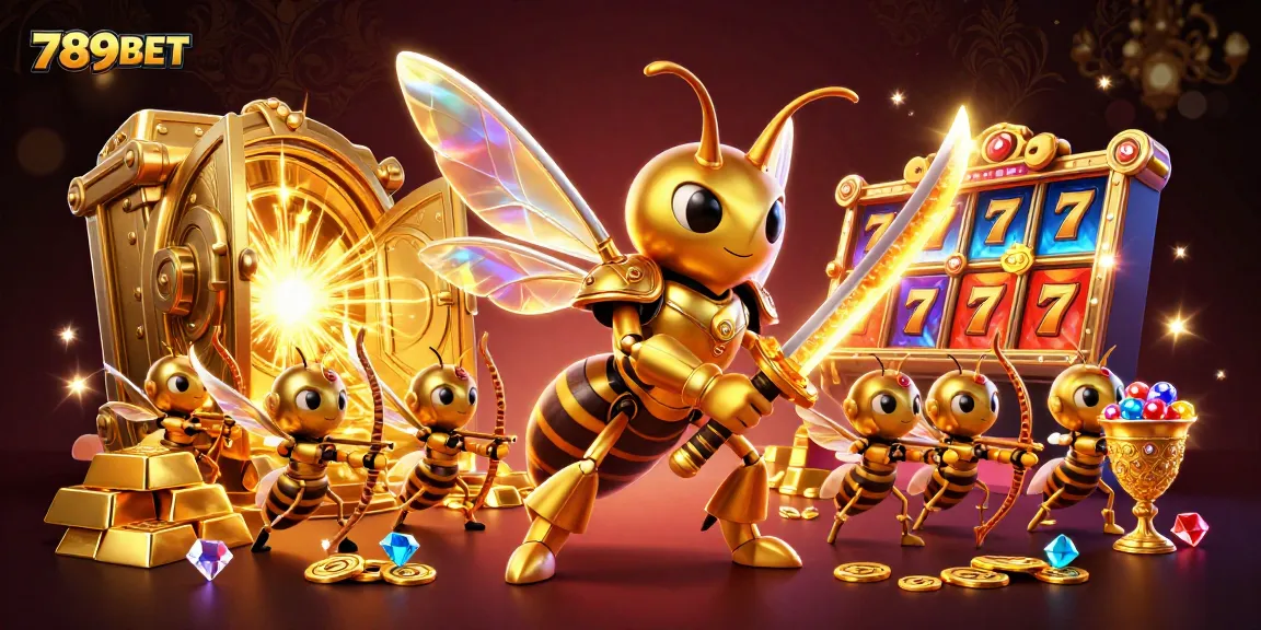 Experience the thrill of 789BET with this dynamic 3D scene of a golden hornet samurai and treasure-filled casino.