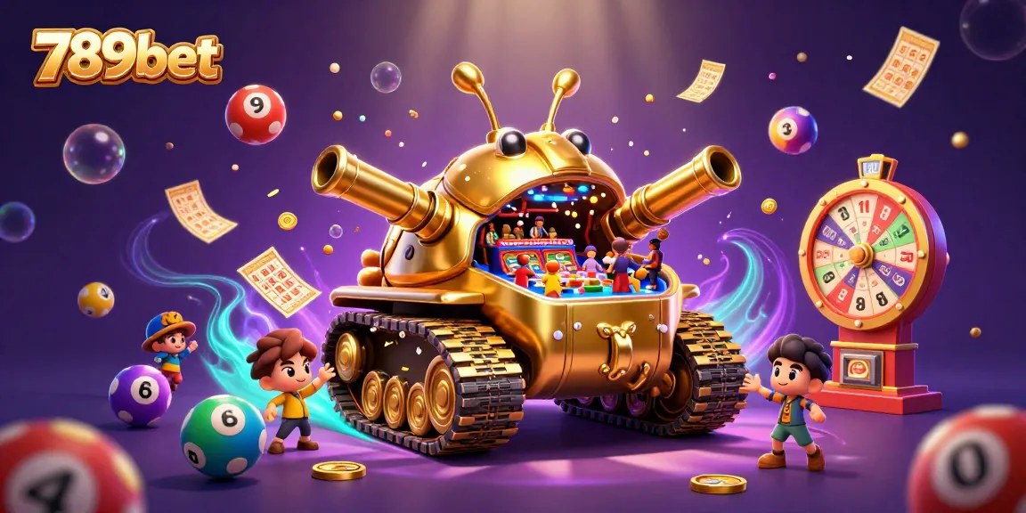 Engage with 789bet in this dynamic illustration featuring a golden tank casino and vibrant game elements.