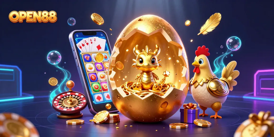 Experience the excitement at OPEN88 with a dazzling 3D illustration of a golden dragon and poker chips.