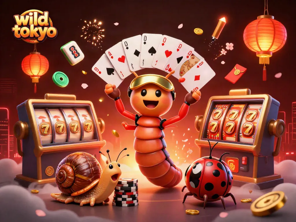 Experience the thrill of wild tokyo with a vibrant 3D casino scene featuring unique playful characters and exciting game elements.