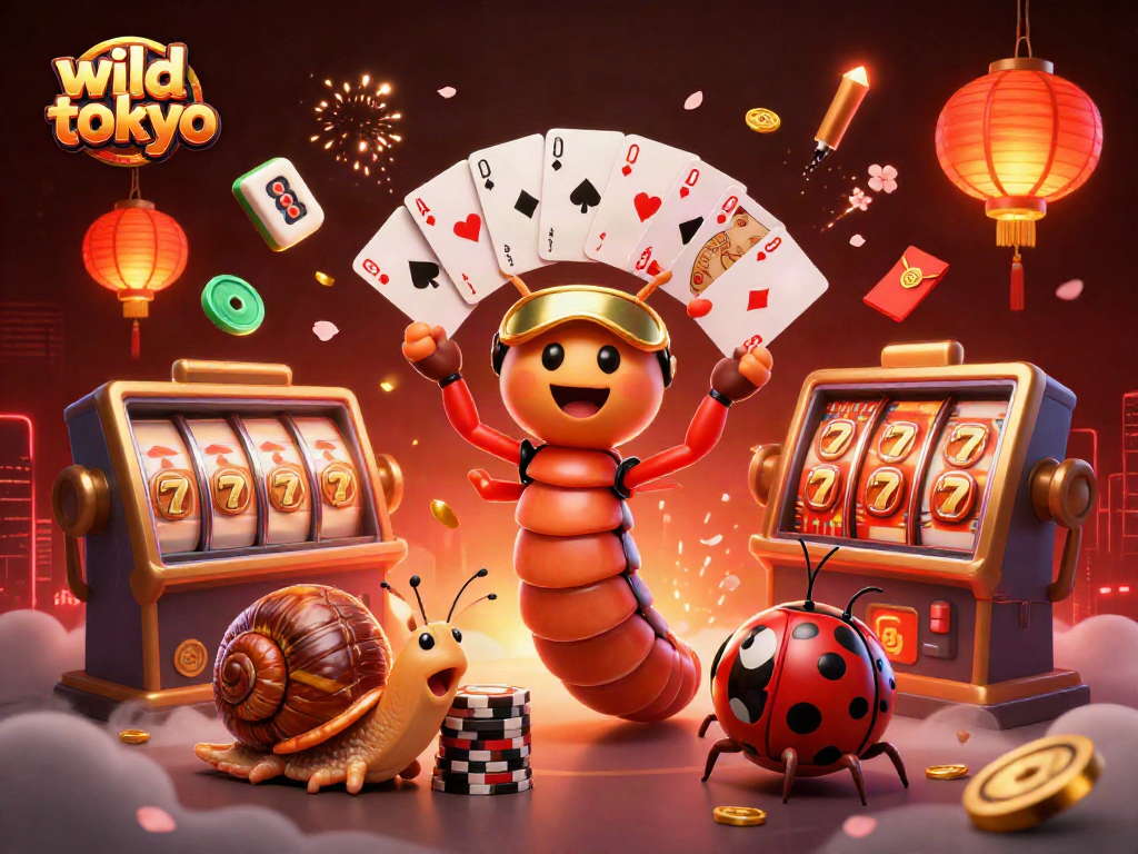 Experience the thrill of wild tokyo with a vibrant 3D casino scene featuring unique playful characters and exciting game elements.
