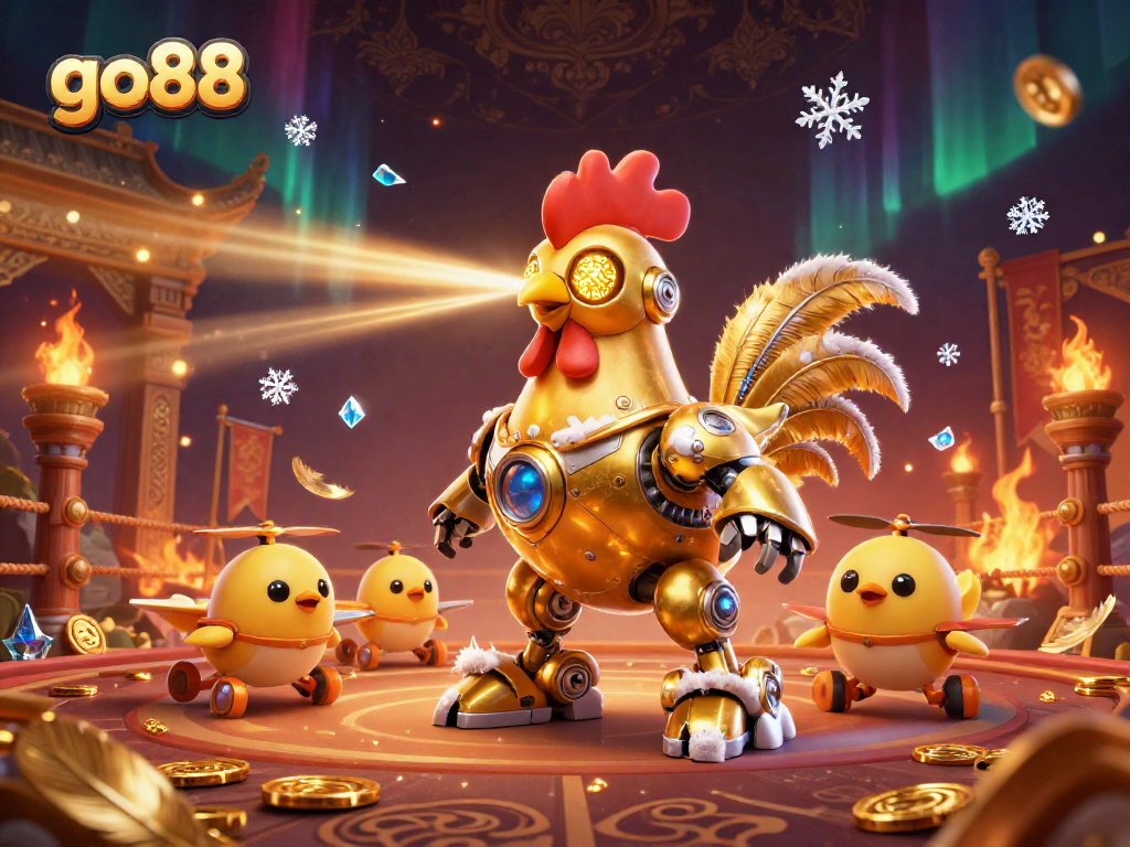 Experience go88's thrilling casino adventure with a golden rooster robot leading joyous baby chick drones.