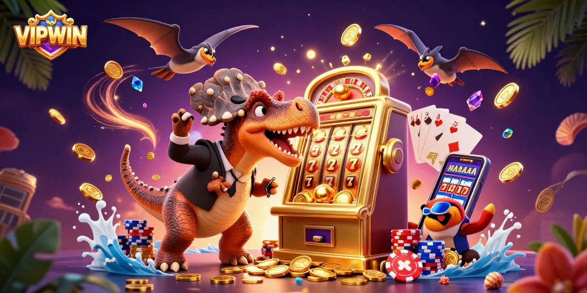 Win big at VIPWIN with a dynamic scene of colorful characters getting jackpot coins.
