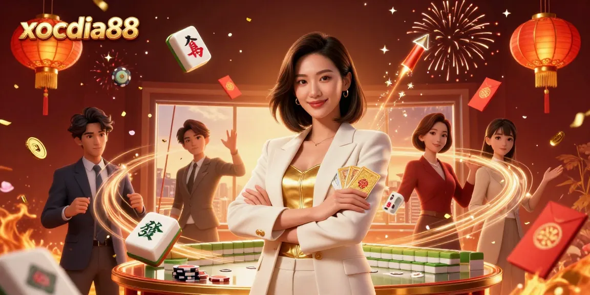 xocdiaa88 showcases an elegant Asian woman playing cards amidst vibrant casino elements, symbolizing winning strategies.
