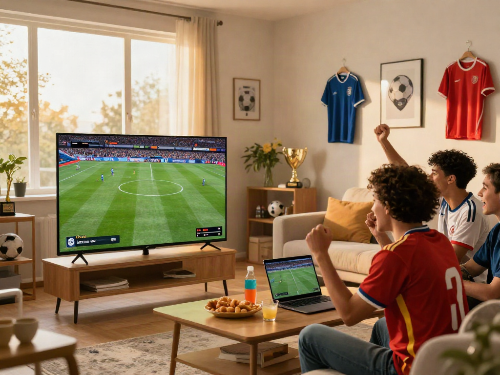 Excited viewers enjoying a live gà vàngtv football match in a cozy room filled with memorabilia.