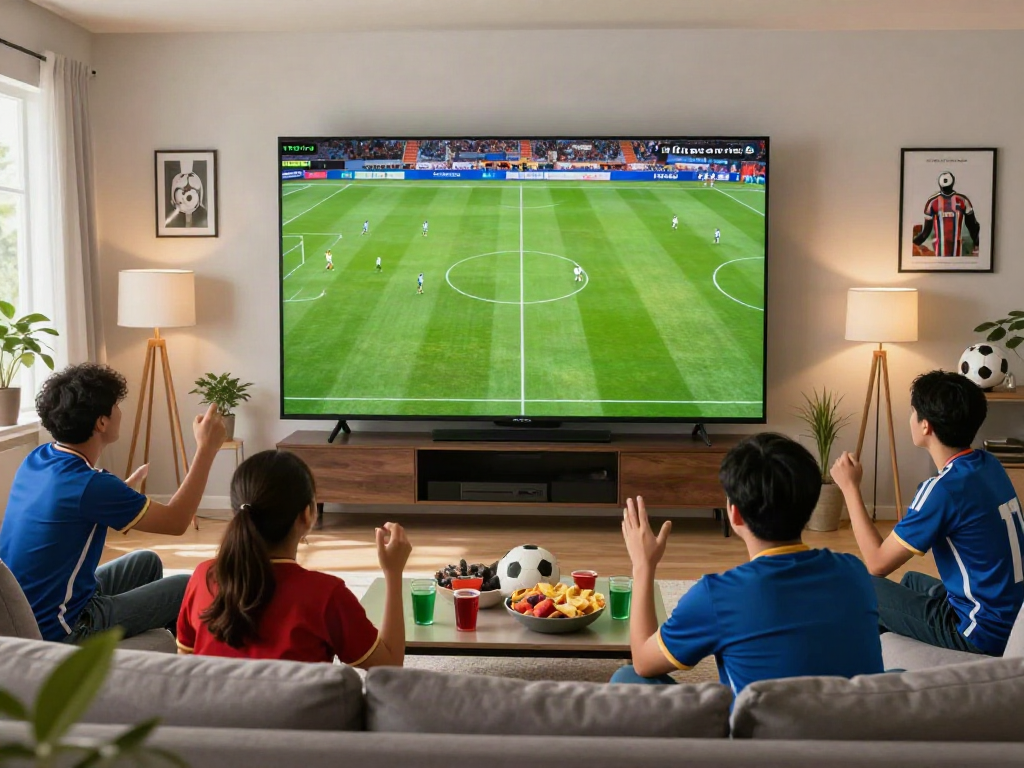 Exciting football fans enjoying a match while watching on Thapcamtv.ac in a vibrant living room.