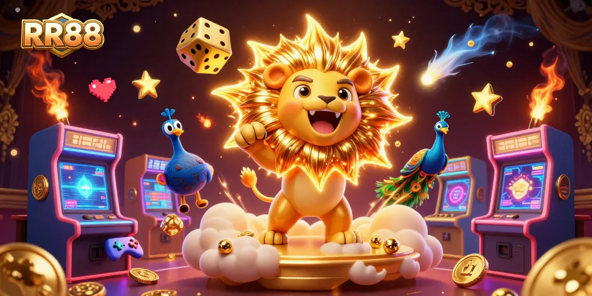 RR88 players experience thrilling wins with animated slots and vibrant game elements in a dynamic casino scene.