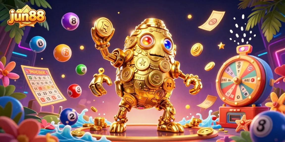 Experience the thrill of jun88 with a golden golem surrounded by vibrant lottery elements in an engaging casino scene.